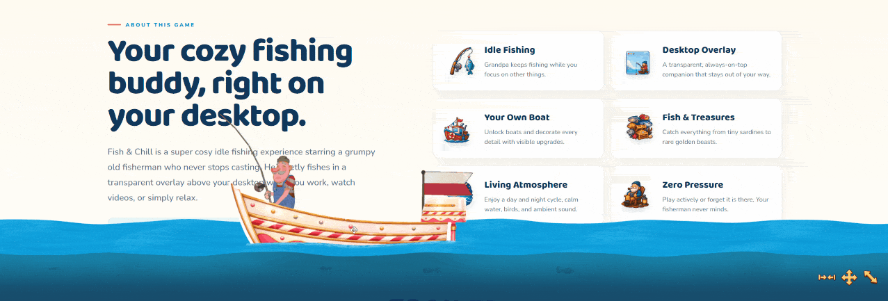 Moving a fishing boat around the desktop in Fish & Chill