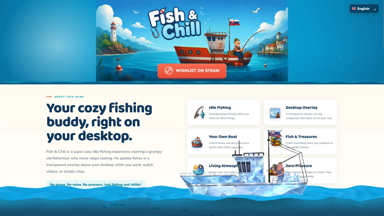 Ice fishing ship floating over a desktop website