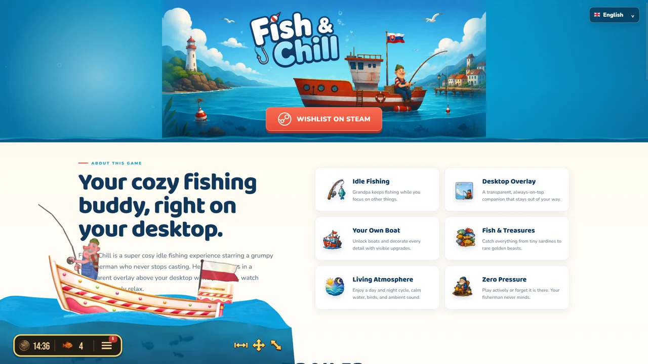 Wooden fishing boat with the desktop toolbar